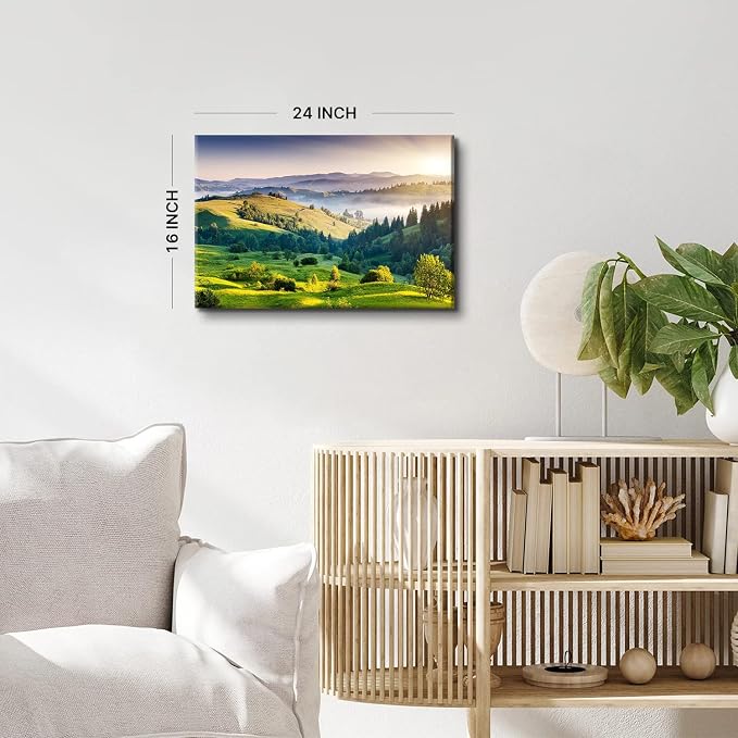 Green Misty Forest Wall Art Spring Mountain Landscape Wall Decor Large Nature Scenery Canvas Picture Painting Modern Framed Artwork for Bedroom Living Room Bathroom Office Home Decoration 16 x 24 Inch