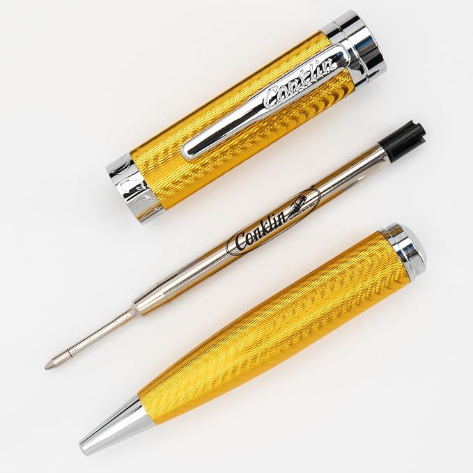 Conklin Herringbone Signature Pen Set – Yellow Rollerball + Ballpoint with Standard Refills – Luxury Writing Gift Set for Professionals, Collectors, and Everyday Use