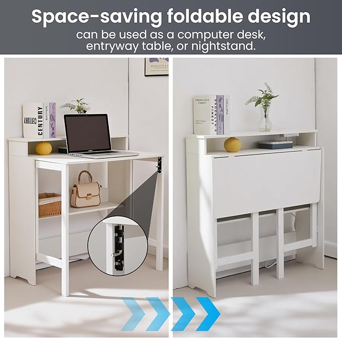 Folding Desk with Charging Station,Fold Out Desk with Monitor Stand,Storage Shelf,Small Foldable Computer Desk for Compact Home Office Spaces (White)