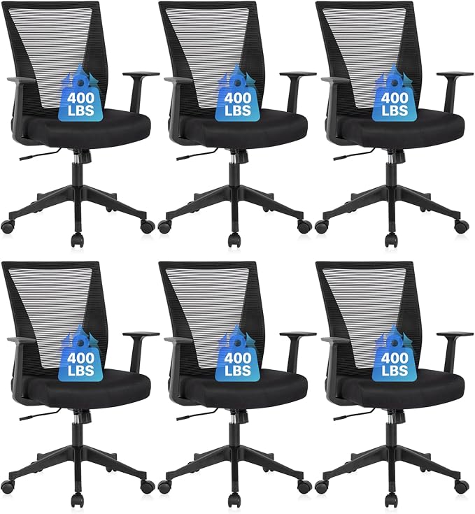 CLATINA Big and Tall Office Chair, Heavy Duty Ergonomic Mesh Computer Desk Chair with Armrests, Adjustable Height Rolling Swivel Mid Back Executive Task Chairs for Home Office Conference, Black, 6PK