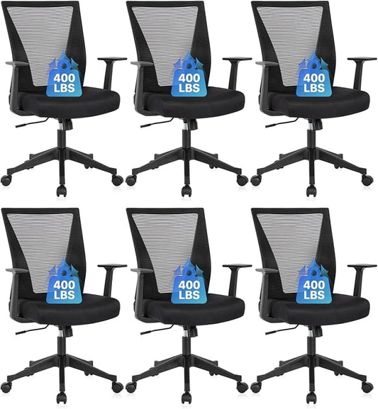 CLATINA Big and Tall Office Chair, Heavy Duty Ergonomic Mesh Computer Desk Chair with Armrests, Adjustable Height Rolling Swivel Mid Back Executive Task Chairs for Home Office Conference, Black, 6PK