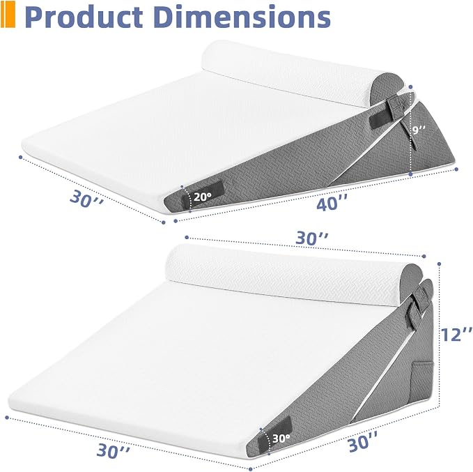 Sasttie Extra Wide Wedge Pillow Set for After Surgery, Dark Grey & White | Bed Wedge Pillow Headboard with Memory Foam Neck Cushion, for Acid Reflux, Sleeping, Neck & Back Support