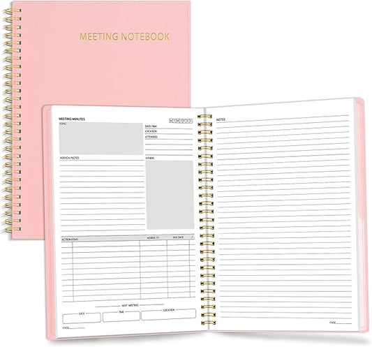SUNEE Half Meeting Half Note - 7.5"x10" Professional Notebooks for Work - 160 Pages, B5 Size Project Planner, Spiral Meeting Agenda/Minutes Organizer for Women Men, Note Taking, Office & Business