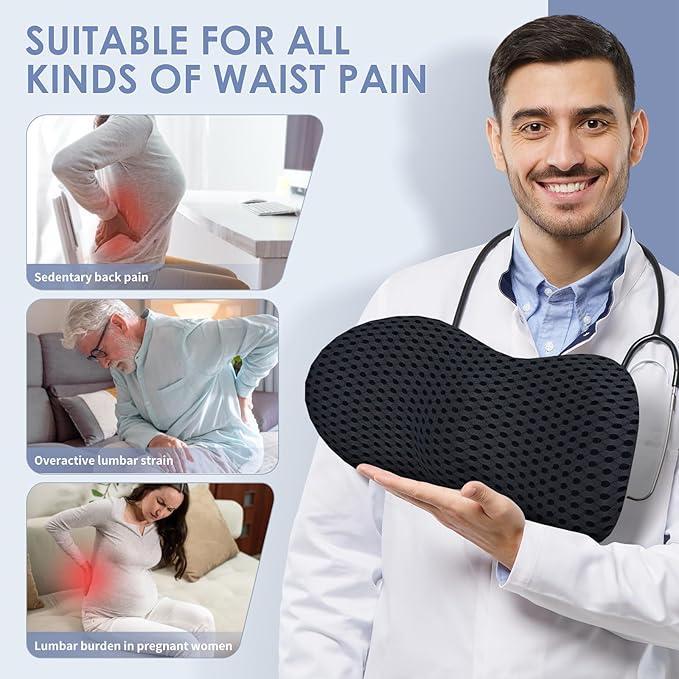 kasney Lumbar Support Pillow, Memory Foam Lumbar Pillow for Lower Back Pain Relief, Back Support Pillow for Office Chair, Car Seat - Black