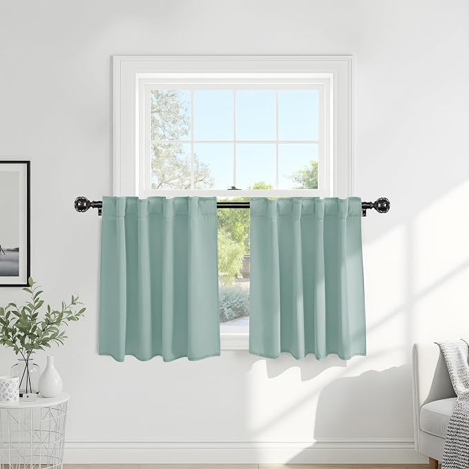 PONY DANCE Blackout Curtains Short - Bedroom Window Draperies Energy Efficient Thermal Insulated Back Tab/Rod Pocket Curtain Panels/Window Treatments for Kitchen, 42 W x 36 L, Mint Green, 2 Pieces
