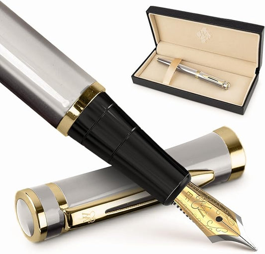 Wordsworth & Black Fountain Pen Set, 18K Gilded Extra Fine Nib, Includes 24 Pack Ink Cartridges, Ink Refill Converter & Gift Box, Gold Finish, Calligraphy, [Silver Gold], Perfect for Men & Women