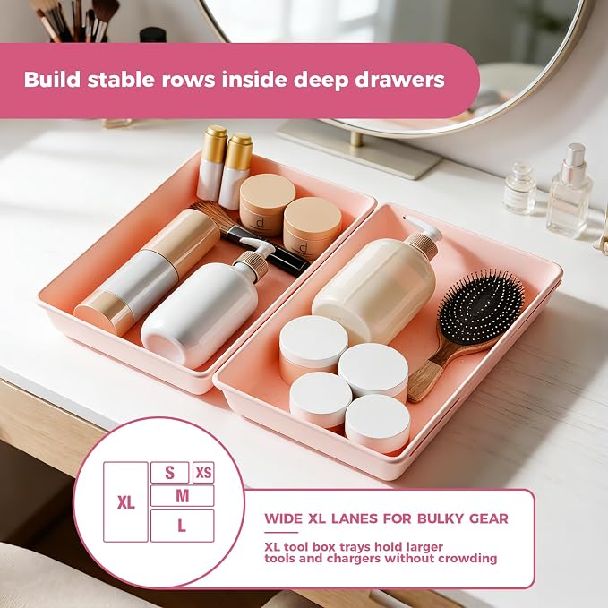 [6 PCS Extra-Large] Pink Drawer Organizer Trays with Non-Slip Pads, Interlocking Storage Bins for Vanity, Desk, Bathroom, Kitchen, Home Office and Utility Drawers
