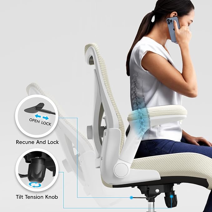 Ergalithic Office Home Ergonomic Desk Chair-Computer X-Shaped Chair Mesh PU Leather with Adjustable Lumbar Support-Executive Chair High Back Flip-Up Arms for Long Hours (Beige-No Headrest)