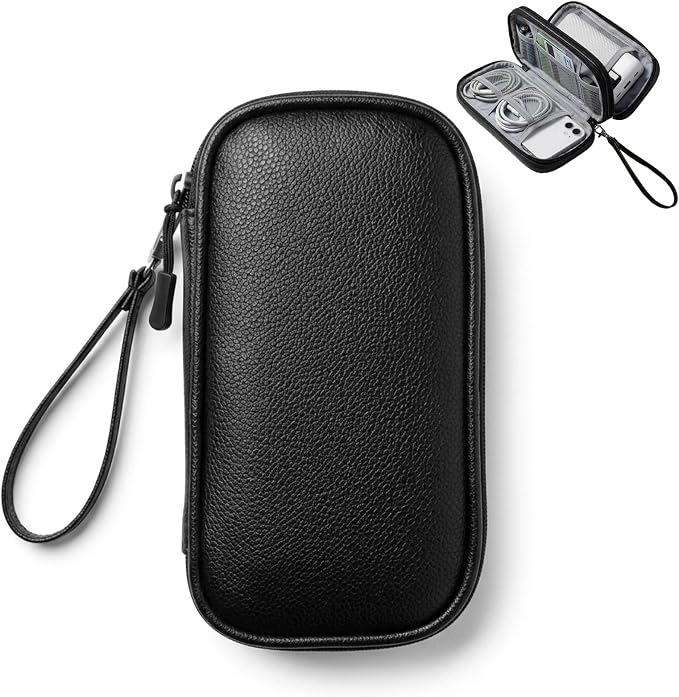 Leather Electronic Organizer Bag, Waterproof Travel Tech Pouch for Cord, Cable, Charger, Phone & Accessories (Black)