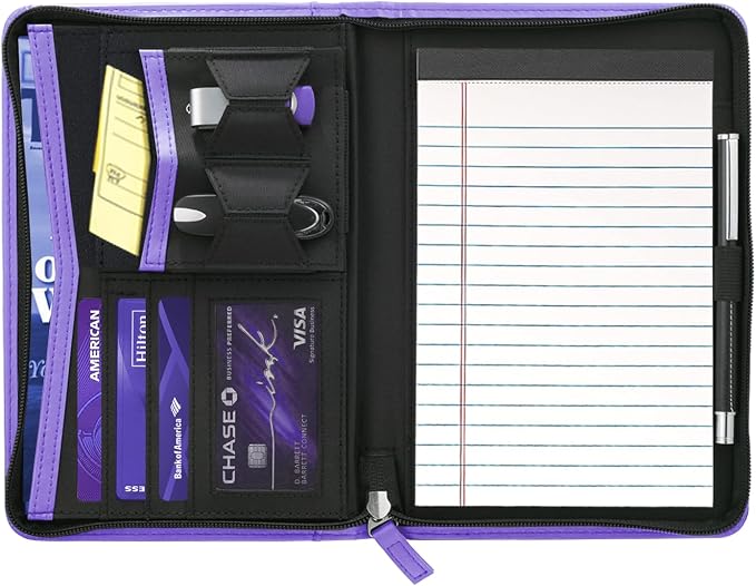 Small Portfolio Organizer, A5 Zippered Business Portfolio, Junior Padfolio Folder Binder for Women & Men, 5 x 8 Writing Pad Included, Purple