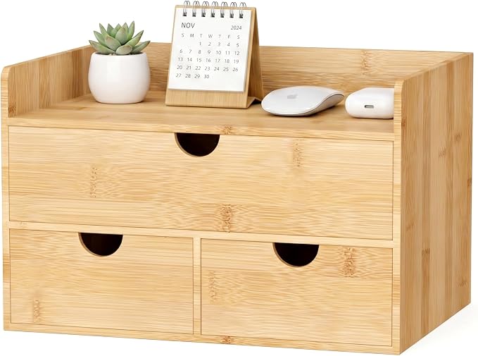 Desk Organizer with Drawers - Bamboo Desktop Organizer Storage | Wood Desk Drawers Organizer for Bills, Office Supplies, Cosmetics, Seals No Assembly Required