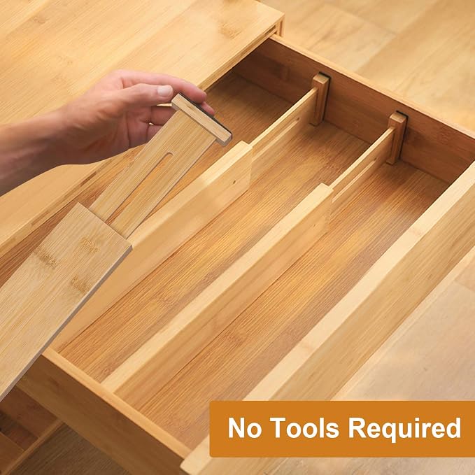 Bamboo Drawer Dividers, Adjustable Drawer Organizers, Fits 12.6–16" Drawers | 2.5" High, 4 Pack Expandable Drawer Separators for Kitchen, Nursery, Dressers & Office Storage, Natural