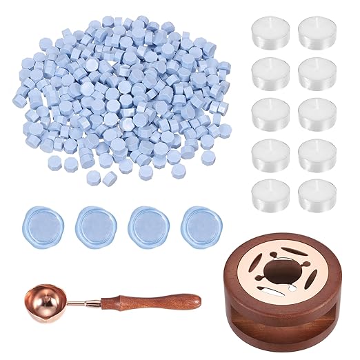PATIKIL Wax Seal Kit, 300 Pcs Wax Sealing Beads, Wooden Warmer, Melted Spoon, 10 Pcs Tealight Candles for Envelope Letter Mailing Crafts DIY, Smoke Purple