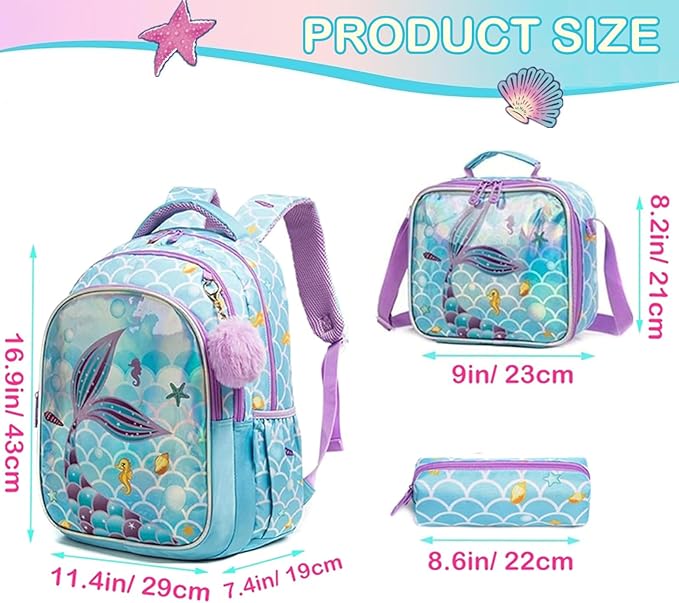 Kids Backpacks for Girls Mermaid School Bag with Lunch Box Lightweight Travel Backpack for Kids 3 in 1 Bookbag Back to School Supplies (12803-3)