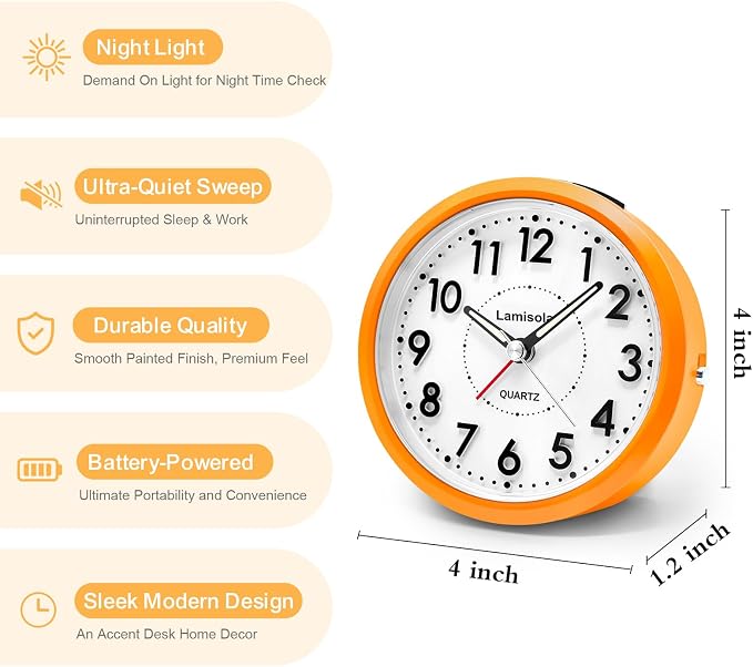 Lamisola 4 Inch Alarm Clock for Bedrooms, Small Analog Desk Clock, Orange | Battery Operated Bedside Clock for Bedroom Bathroom Home Nightstand Shelf, Night Light Snooze, Minimalist Clocks for Seniors