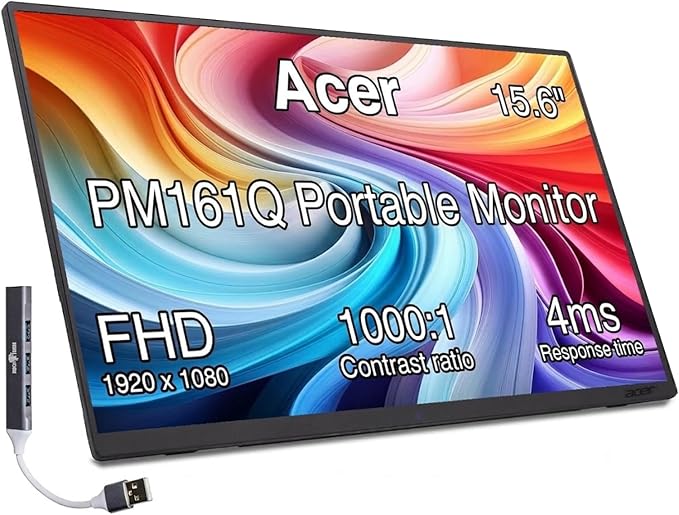 Acer PM161Q 15.6" Portable USB-C IPS Monitor with Tiltable Stand, 4ms Response Time, Anti-Glare, 250 nits Brightness, Built-in Speakers, Mini HDMI & Dockztorm USB Port Expander, Black Color