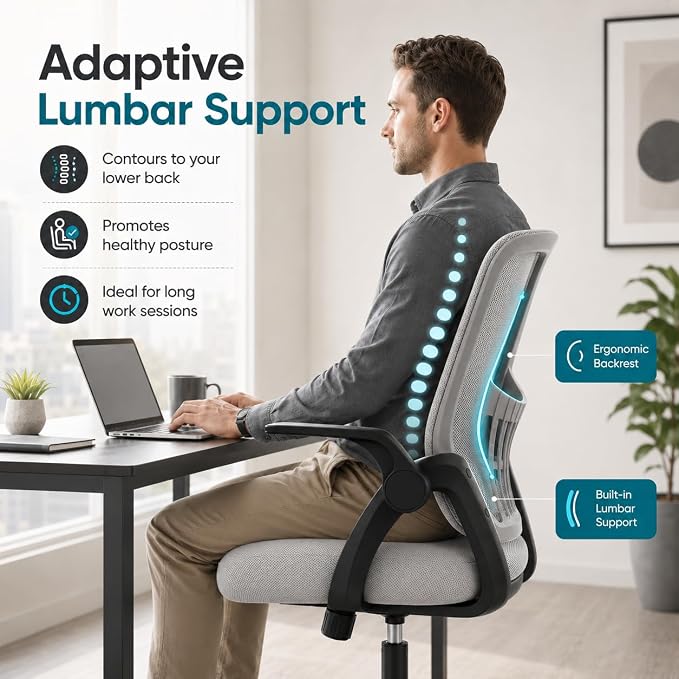 Ergonomic Office Chair, Home Office Desk Chair, Breathable Mesh Desk Chair with Adjustable Lumbar Support and Flip-up Armrests, Game Chairs, 360° Swivel Desk Chairs for Conference, Meeting Room(Grey)