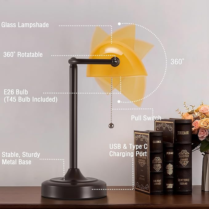 EJIAXIN Vintage Bankers Lamp - Retro Desk Lamp with USB & Type C Charging Ports Traditional Pull Chain Switch Library Table Lamp for Home Office Nightstand Bedroom Side Table Lamp(Amber Glass Shade)