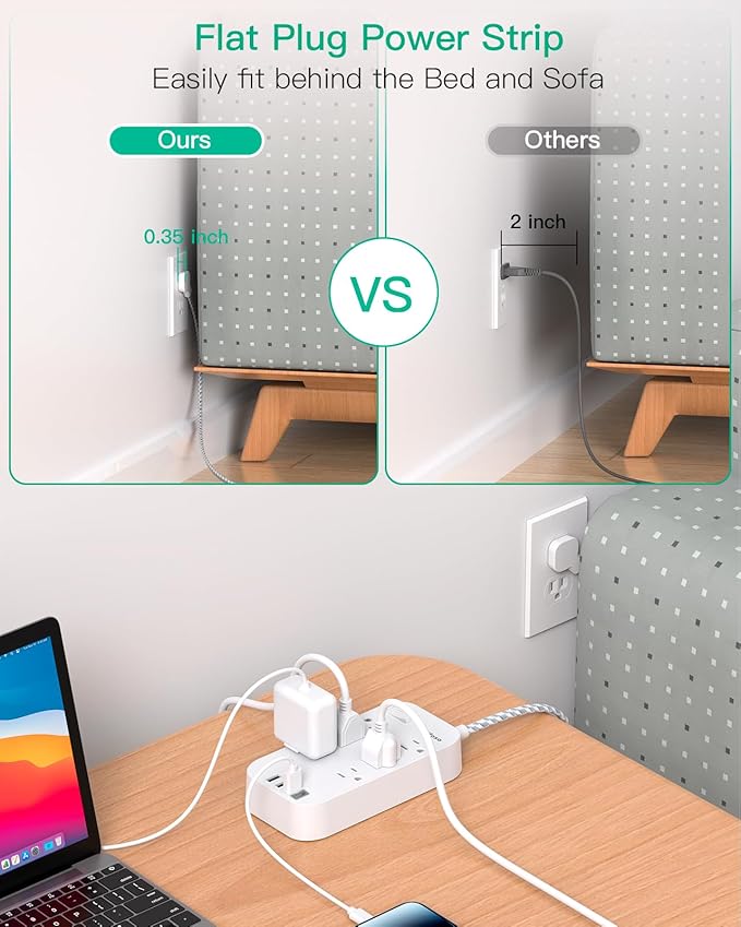 Flat Power Strip - 5 FT Plug Extension Cord, 6 Outlets 4 USB Ports Outlet Extender with Overload Protection, Wall Mount, Desktop Charging Station for Home, Office and Dorm Essential
