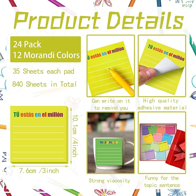 Yinder 24 Pcs Inspirational Sticky Notes Thank You Gift Motivational Sticky Note Pad Employee Appreciation Gift Bulk for Staff Coworker Teacher Nurse Office Groups 3 x 3'' (Appreciation,Spanish)