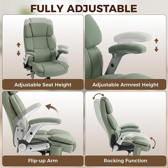 HOMCOM 400 Lbs Heavy Duty Office Chair with Adjustable Lumbar Support Green | Inflatable Adjustable Lumbar Support, 400 Lbs Heavy Duty High Back Desk Chair, Pet-Friendly Fabric, 4-Level Gas Lift