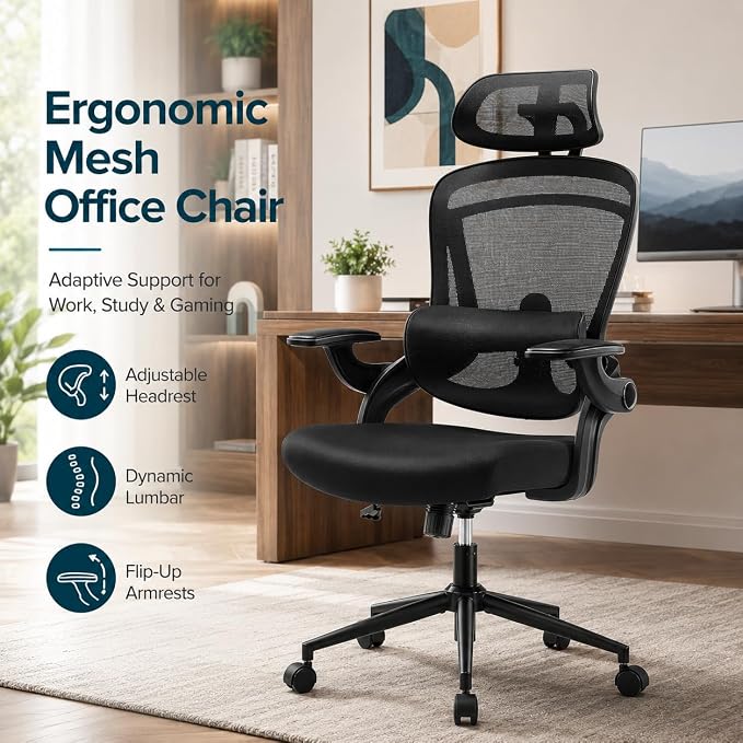 Ergonomic Office Chair, Home Office Desk Chairs with Adjustable Lumbar Support and Headrest, High Back Mesh Computer Desk Chair with 3D Flip-up Armrests & 360° Swivel Wheels, 275 LBS