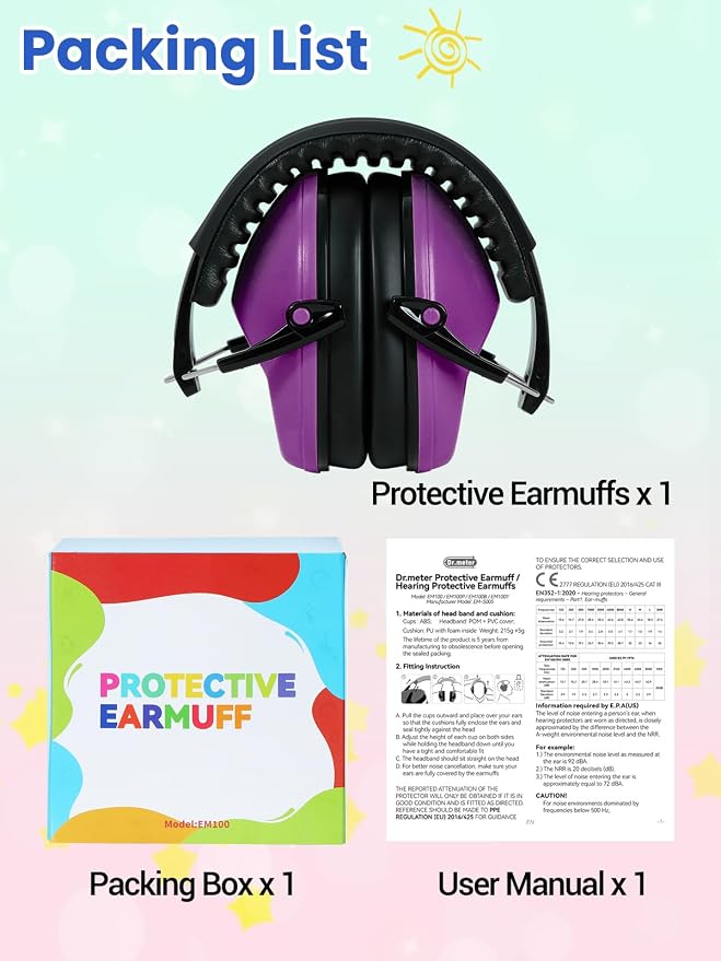 Dr.meter Ear Muffs for Noise Reduction SNR27.4 Kids Ear Protection with Adjustable Headband - Kids Noise Cancelling Headphones for Concerts, Football Game, Fireworks and Air Shows - Dark Purple
