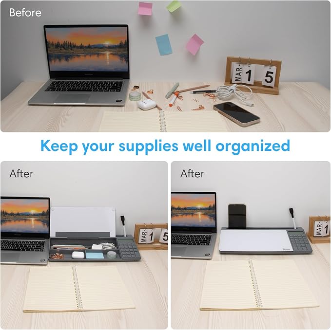 Varhomax Glass Desk Whiteboard with Calculator, Desktop Dry Erase White Board with Storage, to Do List Memo Notepad for Home and Office