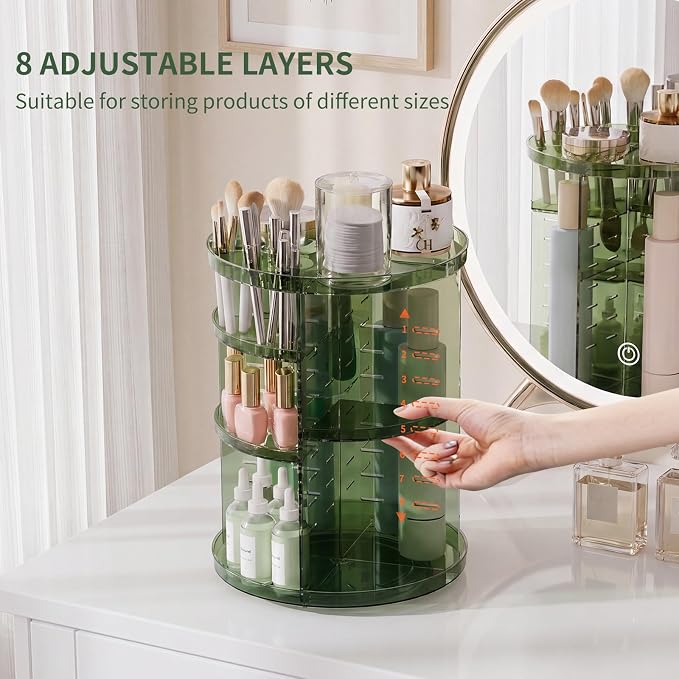 Rotating Makeup Organizer with DIY 8 Adjustable Layers, Clear Green | Spinning Skincare Storage, Cosmetic Display Case with Brush Holder and Perfume Tray