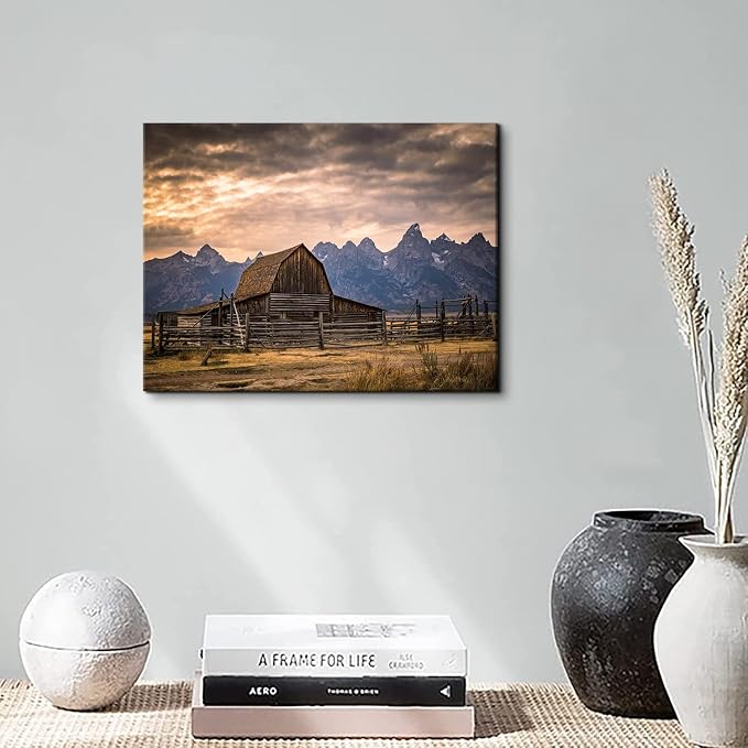 Grand Teton National Park Canvas Wall Art Sunset Moulton Barn Landscape Wall Decor, Wyoming Nature Mountains Scenery Picture Artwork Painting Decoration for Home Living Room Bedroom Kitchen 12x16"