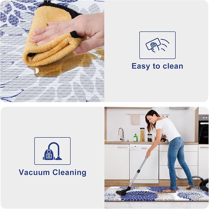 KIMODE Anti Fatigue Mats for Kitchen Floor Cushioned Kitchen Rugs Sets of 2 | 17"x47"+17"x29",Blue,Dahlia Floral Boho,Non Slip Rubber Backing,Waterproof,Wipe Clean,Standing Mat for Office Laundry Sink