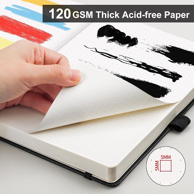 AHGXG Dotted Journal - Dot Grid Notebook Journal, 120 GSM Thick Acid-Free Paper, A5 Dotted Notebook 160 Pages, Leather Hardcover, Inner Pocket, Journal Stencil, 5.7'' × 8.3'', Black