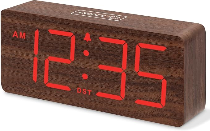 DreamSky Wooden Digital Alarm Clock for Bedroom with Large Numbers | Desk Clocks for Living Room, Office, Dimmer, Loud Alarm for Heavy Sleepers with Volume Control, DST, Wood Decor (Plug-in)