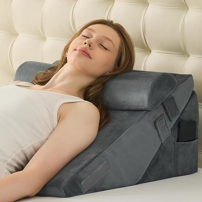 Sasttie Adjustable Wedge Pillow Set for After Surgery, Velvet - Dark Grey | Bed Wedge Pillow Headboard with Memory Foam Neck Cushion, for Acid Reflux, Sleeping, Neck & Back Support