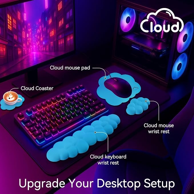 Sushret Cloud Wrist Rest for Computer Keyboard, 4-in-1 Memory Foam Leather Cloud Keyboard Wrist Rest and Mouse Pad Set with Ergonomic Support for Arm and Palm Cushion, Gaming/Work Setup, Scuba Blue