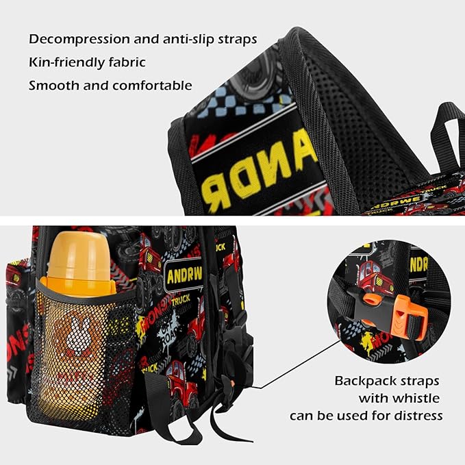 Personalized Cars Toddler Backpack with Name Custom Kids School Backpack for Boys Back to School Supplies Customized Name Schoolbag Bookbag and Water Bottle Cup&Pencil Pouch for Preschool Elementary