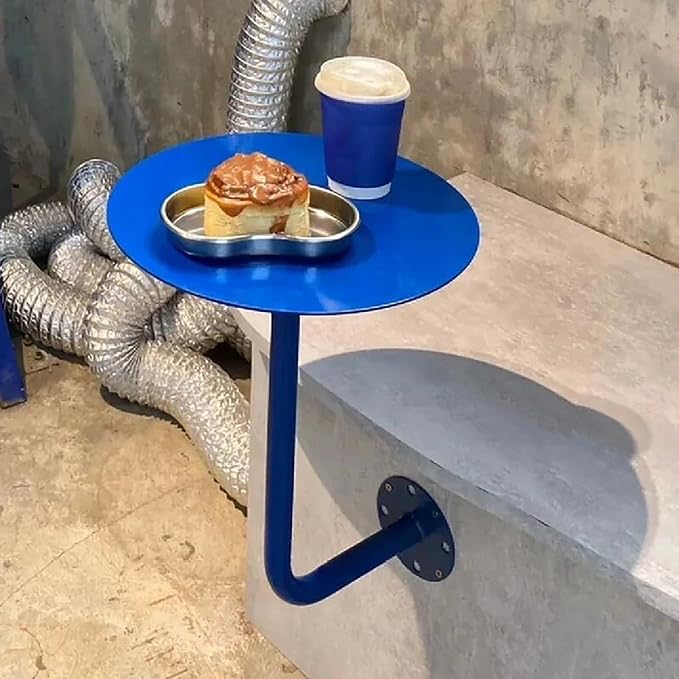 Wall-Mounted Small Round Table for Cafe, Dessert Shop & Home - 3.0MM Thick Iron Metal Anti-Deformation, Space-Saving(Blue,35x45x20cm)