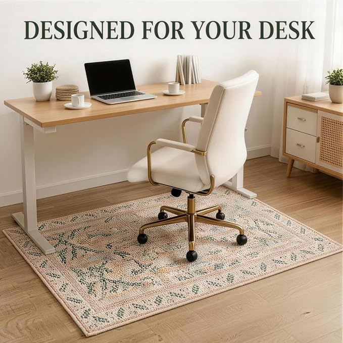 35x47 Inch Floral Desk Rug, Office Rugs for Rolling Chairs, Under Desk Carpet for Hardwood Floor, Small Office Area Rug