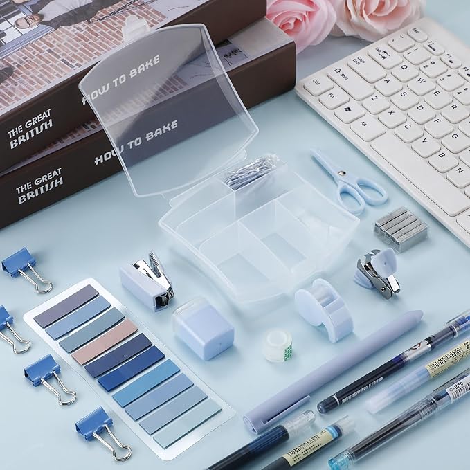 Colarr Mini Office Supply Kit Include Stapler Tape Dispenser Staple Remover Paper Clip Scissor Staple Pen Sharpener Note Small Telescopic Knife for Office Back to School Supplies Student Clerk(Blue)
