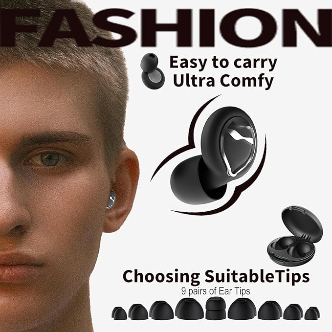 Ear Plugs for Sleeping Ultra-Soft Silicone Earplugs for Noise Cancelling Concerts Reusable Noise Reduction Earbuds for Travel Focus Work 33dB Hearing Protection with 9 Ear Tips & Case (Black)