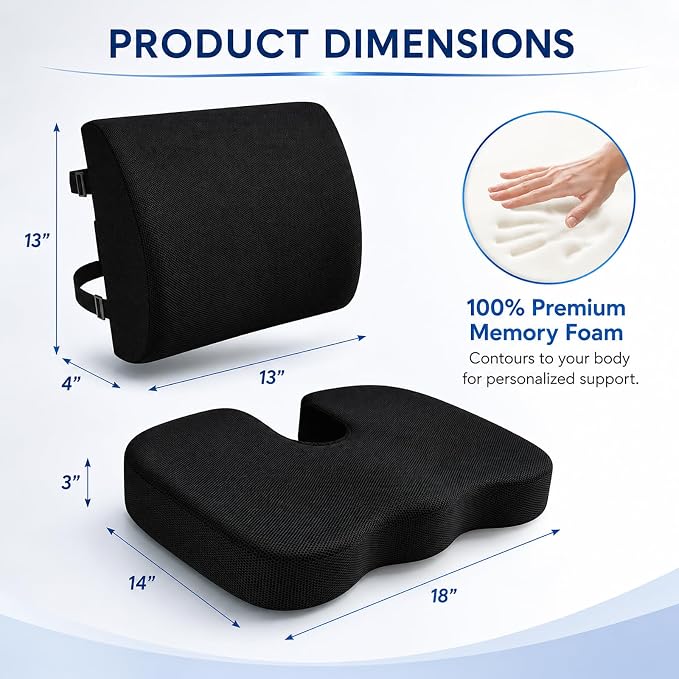 Ergonomic Seat Cushion & Lumbar Support Pillow for Office Chair | Memory Foam Seat Cushions for Tailbone Pain Relief, Sciatica & Lower Back Support for Desk Chair Car Home, Washable, Non Slip