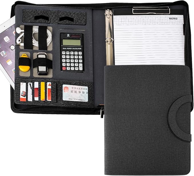 Leather Padfolio Portfolio, Business Conference Organizer Notepad Folder Bag for Women/Men(with Calculator, Black)