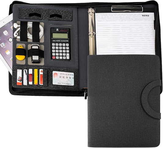 Leather Padfolio Portfolio, Business Conference Organizer Notepad Folder Bag for Women/Men(with Calculator, Black)