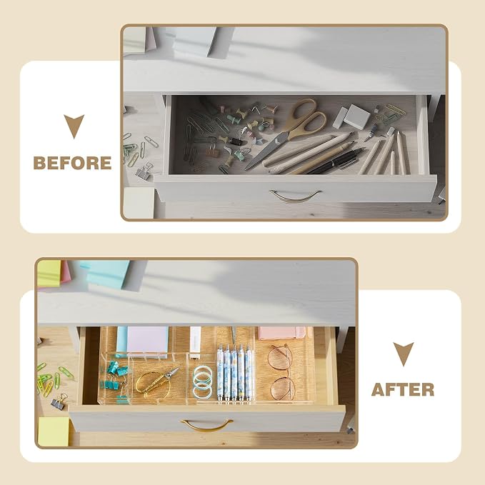 Briwooody Clear Acrylic Drawer Organizer Expandable,9 Compartments,Small | 9'' up to 18'' x 12'' x 2.1'' Desk Drawer Organizer Trays Adjustable with Desk Accessories for Makeup Office Bathroom