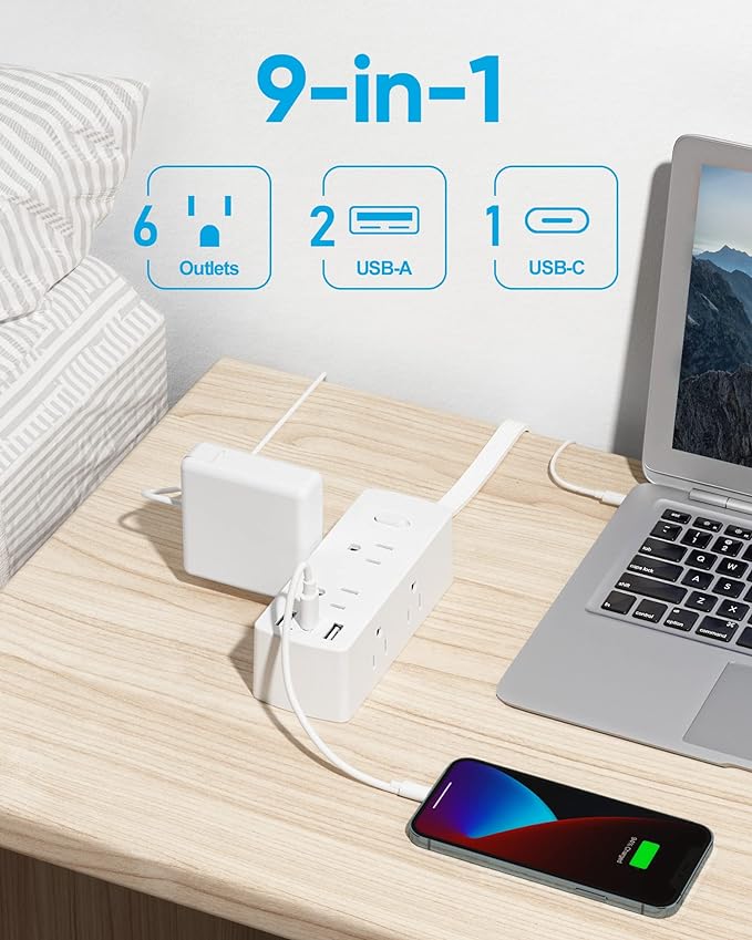 Olcorife Flat Plug Power Strip with 3 FT Extension Cord, 6 Outlets 3 USB Ports(1 USB C), 3 Sided Outlet Extender for Home Office Travel Dorm Room Essentials, White
