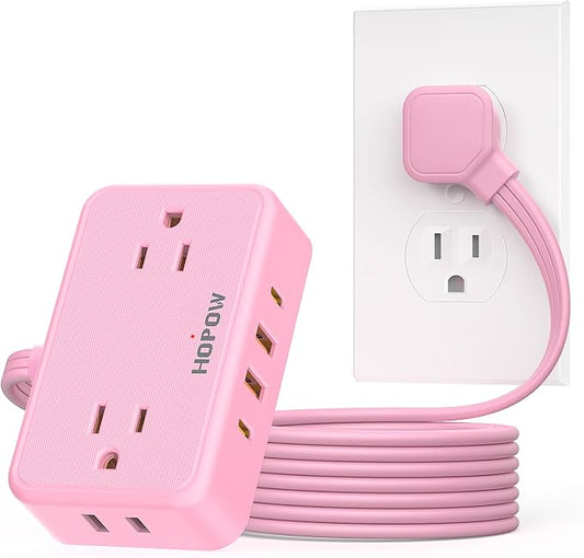 HOPOW Pink Extension Cord, 6 Ft Ultra Thin Pink Power Strip, 4 AC Wide Spaced Outlets and 4 USB (2 USB-C) Ports, No Surge Protector for Kawaii Desk Home Room Decor Essentials