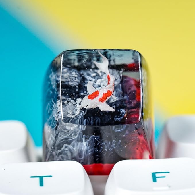 Koi Fish Artisan Keycap Black Red - 1U ESC, R1 SA Profile Custom Handmade Resin Cherry MX Switch Key Cap Mechanical Keyboard, Cool Tech Gifts for Men, Dad, Father, Gamer, Koi Lover