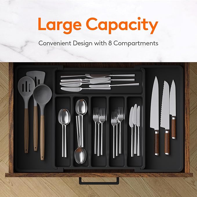 Lifewit Silverware Drawer Organizer, Expandable Utensil Tray for Kitchen, BPA Free Flatware and Cutlery Holder, Adjustable Plastic Storage for Spoons Forks Knives, 13-22 x 15", Black