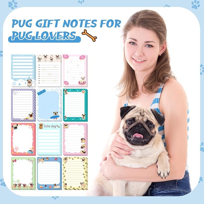 12 Pieces Pug Puppies Sticky to Do List Dog Sticky Notes Puppy Lover Gifts 3 x 4 Inch Adhesive Notepad for Memo Reminder Journal Studying Home Gift Office Decor Accessories