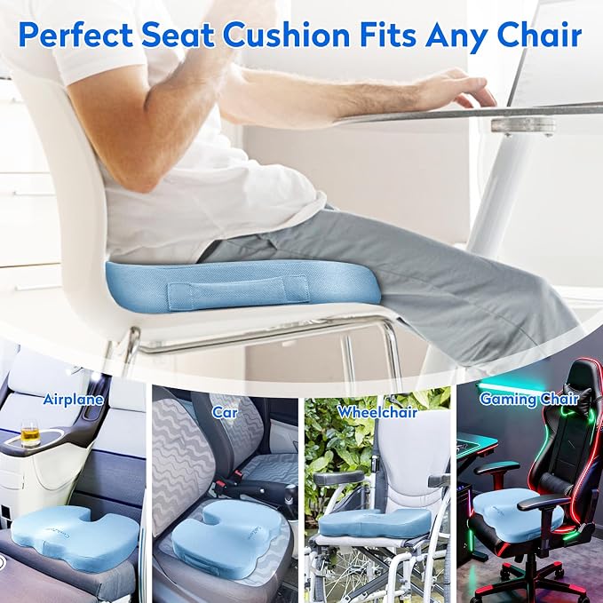 XXL Seat Cushion Office Car Seat Cushion, Memory Foam Cushion for Office Chair, Car Seat, Airplane, Bleacher Non-Slip Chair Pad (Light Blue